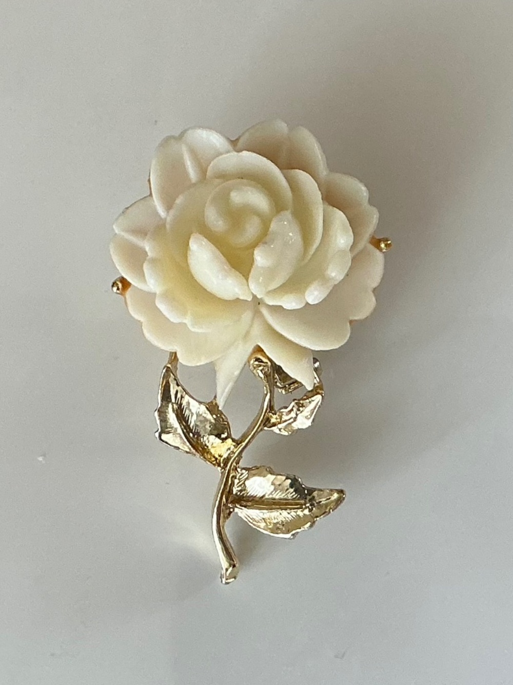Vintage White Rose Brooch Carved Flower Pin Gold Tone - Picture 8 of 12